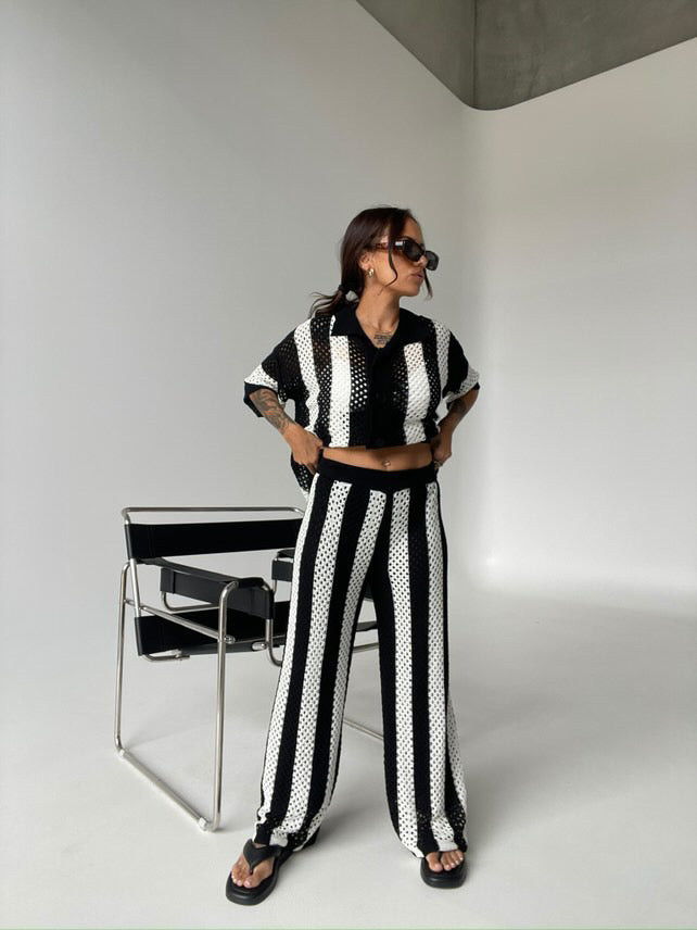 Black and white striped pants suit on sale